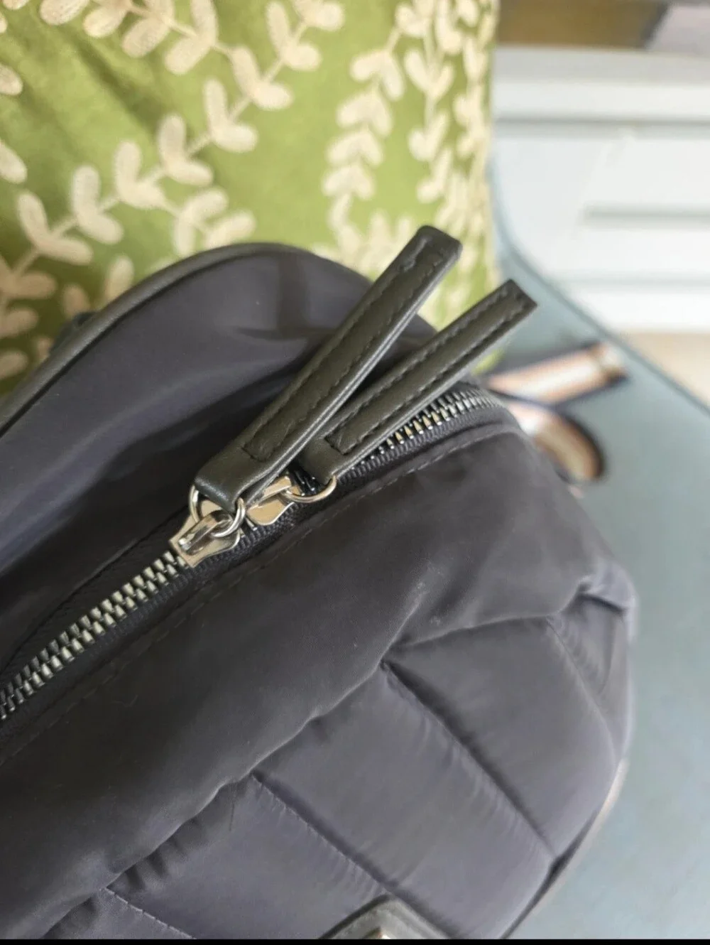 Quilted, Sleek, boxy, Gray Nylon Backpack with Pink-Tan Stripe.